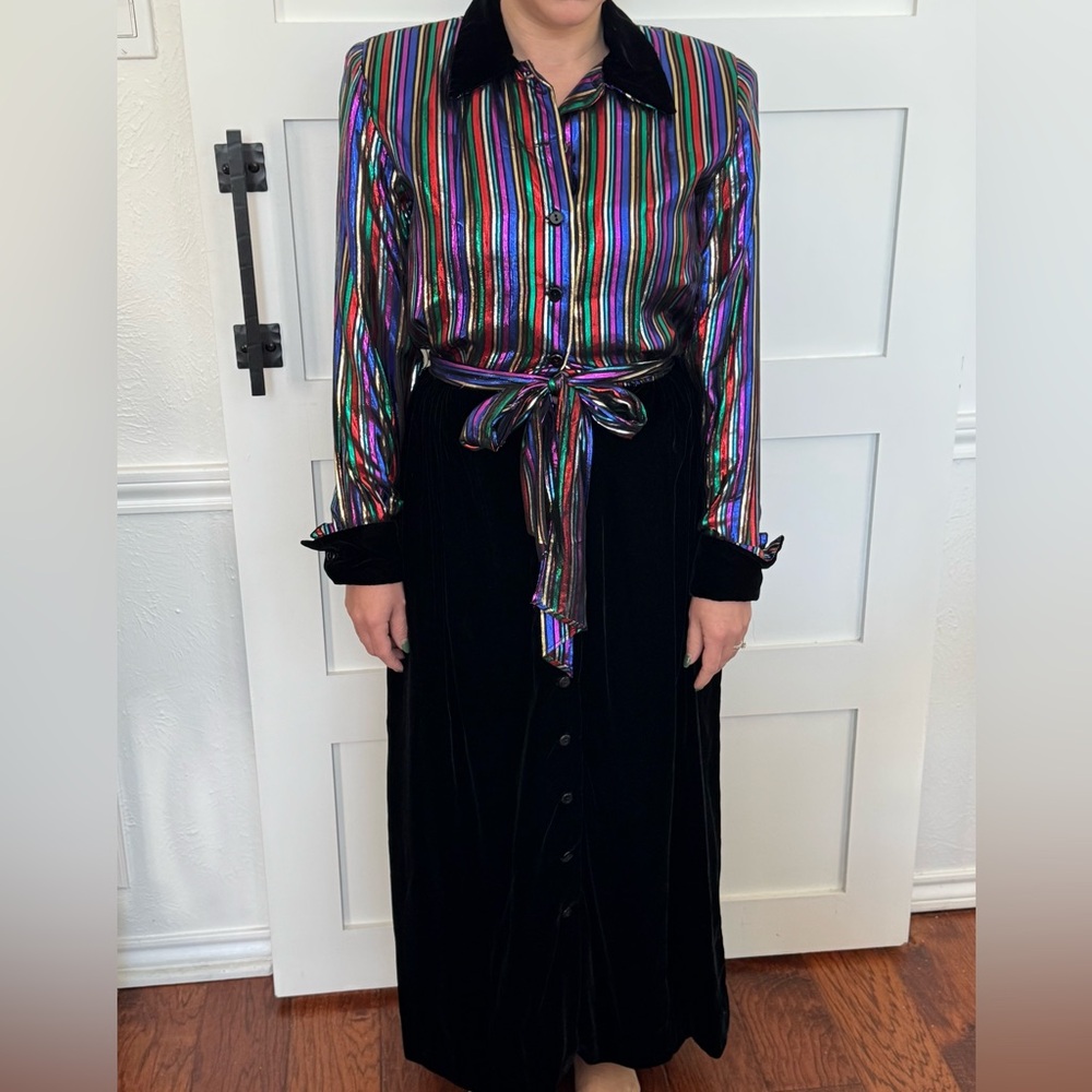 Christa New York Vintage Metallic‎ Striped Velvet Gown Maxi Shirt Dress Size 10 - Picture 16 of 16
